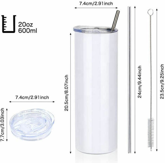 Koupakoupa Glass Thermos Stainless Steel BPA Free 600ml White with Mouthpiece and Straw