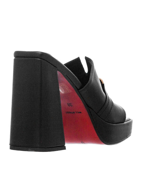 Leather Mules with Chunky High Heel in Black Color