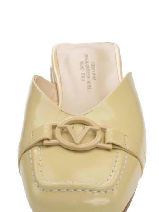Chunky Heel Leather Mules Beige