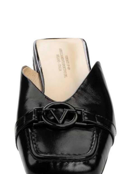 Leather Women's Mules with Chunky High Heel in Black Color