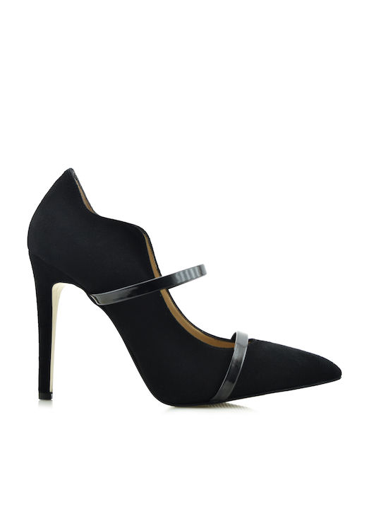 Aris Tsoubos Suede Pointed Toe Black Heels with Strap