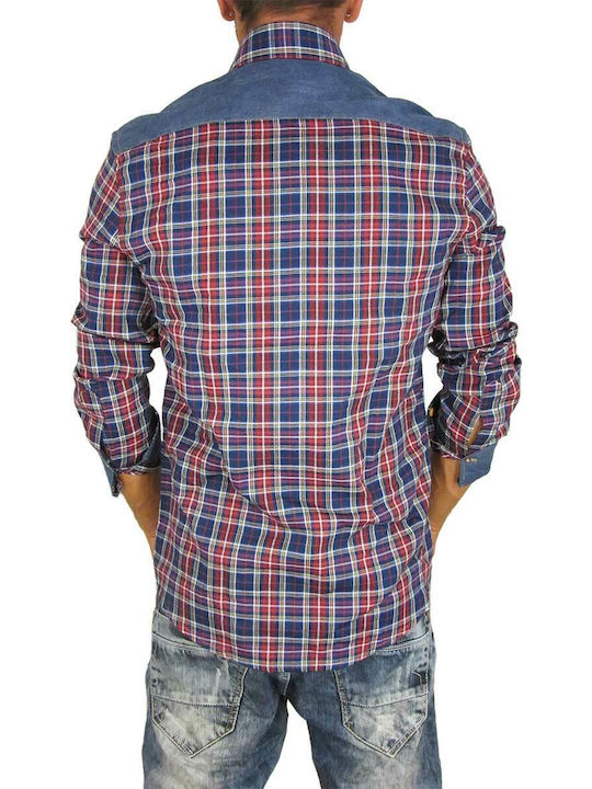 Missone Men's Shirt Long Sleeve Denim Checked Blue