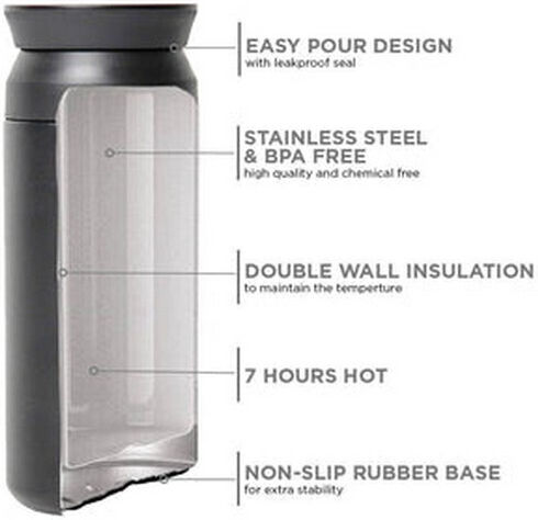 Runbott Glass Thermos Stainless Steel 350ml Black with Mouthpiece and Handle