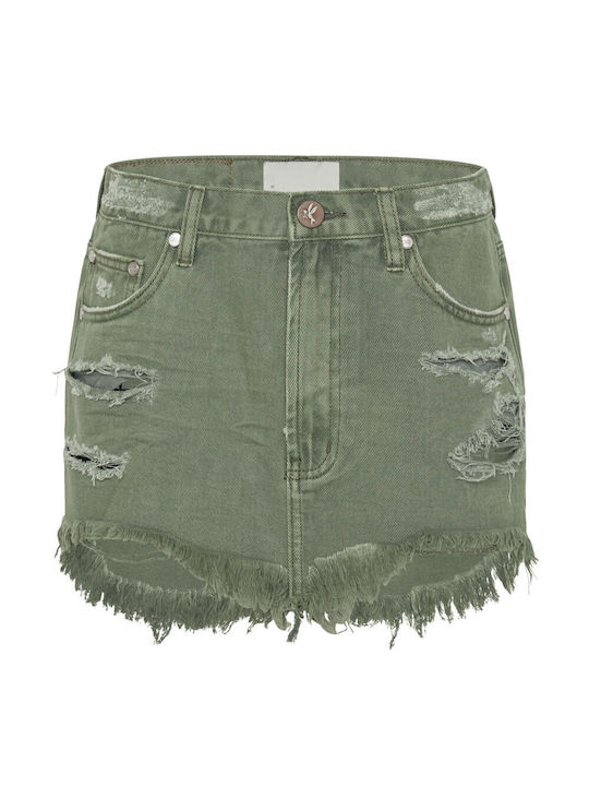 One Teaspoon Denim Mini Skirt in Khaki color