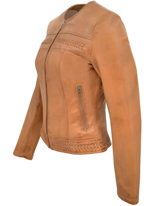 Dermatina 100 Κωδικοσ Women's Short Lifestyle Leather Jacket for Winter Brown