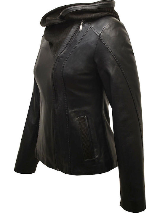 Women's Short Lifestyle Leather Jacket for Winter with Hood LEATHER (Leather)