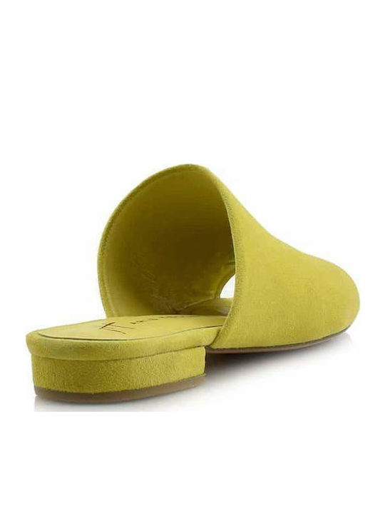Flat Leather Mules in Yellow Color