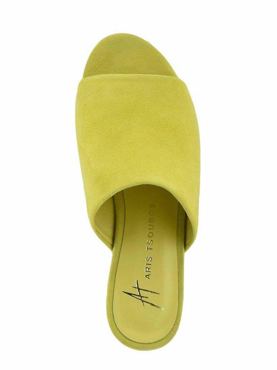 Flat Leather Mules in Yellow Color