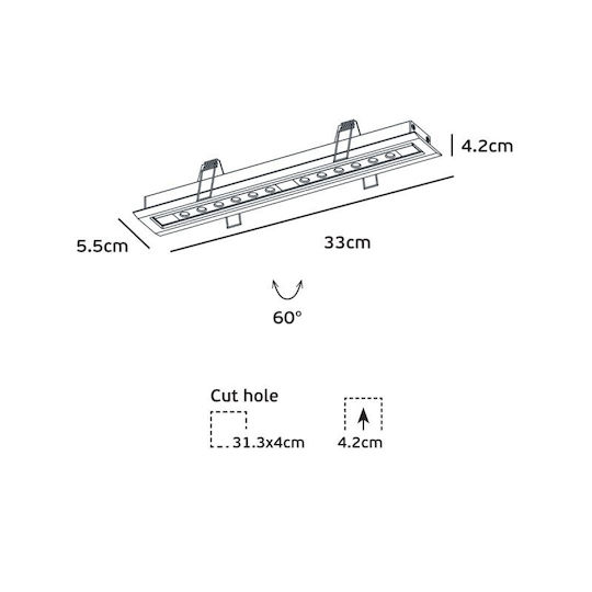 VK Lighting Commercial Linear Recessed LED Ceiling Light Cold White IP20 L33xD5.5cm