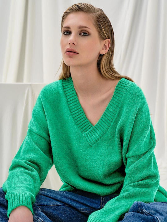 Tailor Made Knitwear Women's Long Sleeve Sweater with V Neckline Green