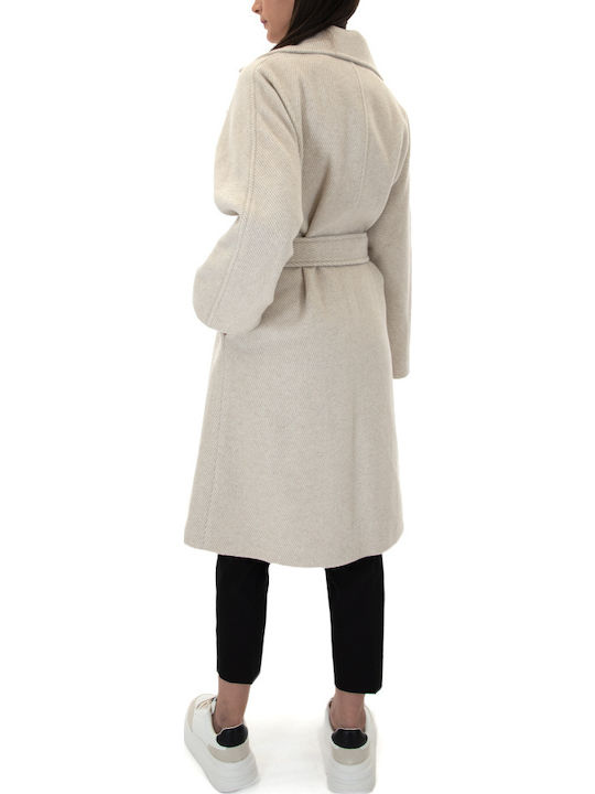 Μάλλινο Γυναικείο Μπεζ Παλτό Oversized με Ζώνη