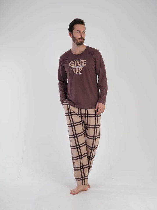 Vienetta Secret Men's Winter Cotton Pajamas Set CAFE