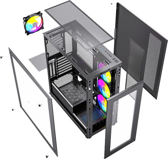 Gembird Fornax X450MAX Gaming Midi Tower Computer Case with Window Panel and RGB Lighting Black