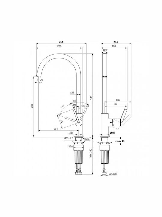 Ideal Standard Gusto Ψηλή Μπαταρία Κουζίνας Πάγκου Ροζ