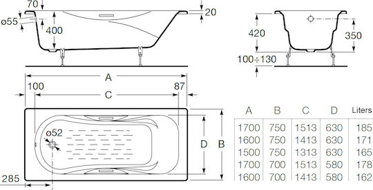 Roca Μπανιέρα Μαντεμένια 170x75cm Roca Μπανιέρα Μαντεμένια 170x75cm