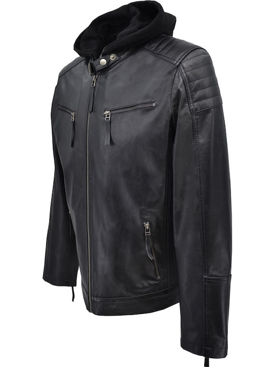 Δερμάτινα 100 Men's Winter Leather Biker Jacket Black