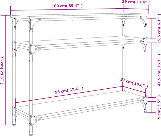 Console Table Wood & Metal Coffee L100xW29xH75cm