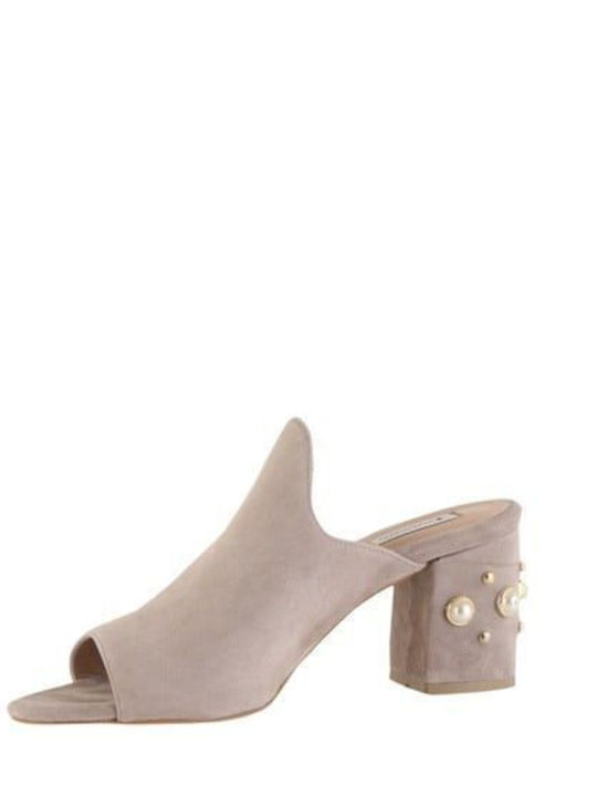 Suede Mules with Chunky High Heel Pearl Taupe