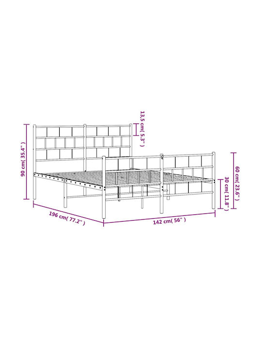 Double Metal Bed Black with Slats for Mattress 135x190cm