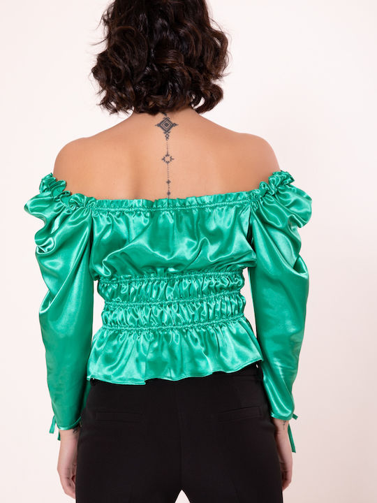 Damen Bluse Schulterfrei Langärmelig green