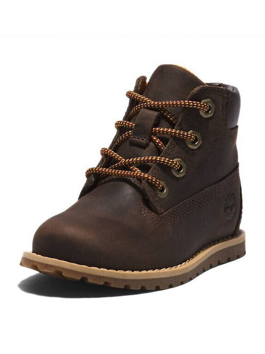 Pokey Leather Kids Boots with Laces Brown