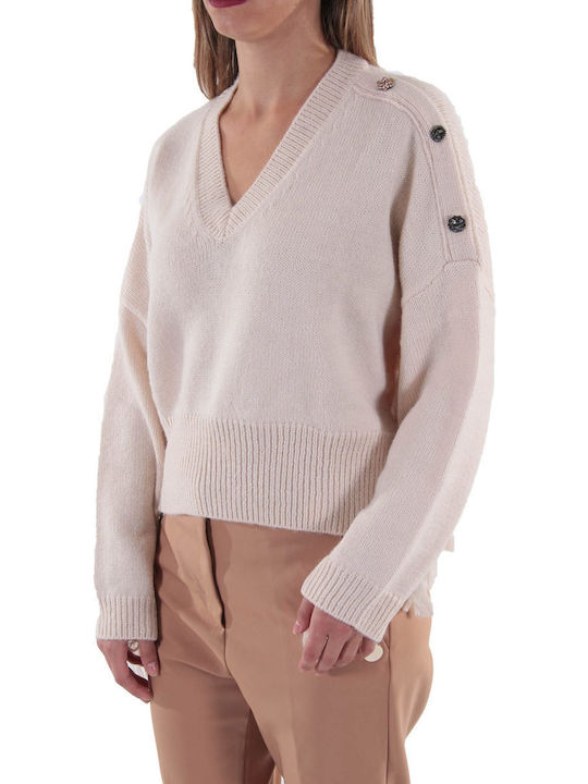 Liu Jo Women's Long Sleeve Sweater Woolen with V Neckline Beige