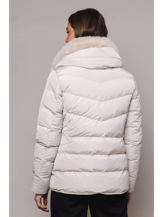 Rino&Pelle Women's Short Puffer Jacket for Winter with Hood Stone