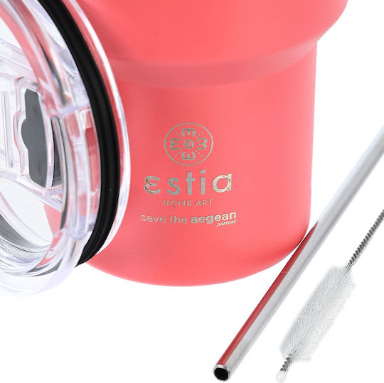 Estia Coffee Mug Lite Save The Aegean Recyclable Thermos Stainless Steel BPA Free 400ml Fusion Coral with Straw