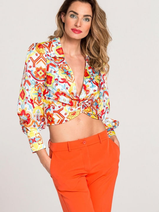 Matis Fashion Women's Crop Top Satin Long Sleeve Orange.