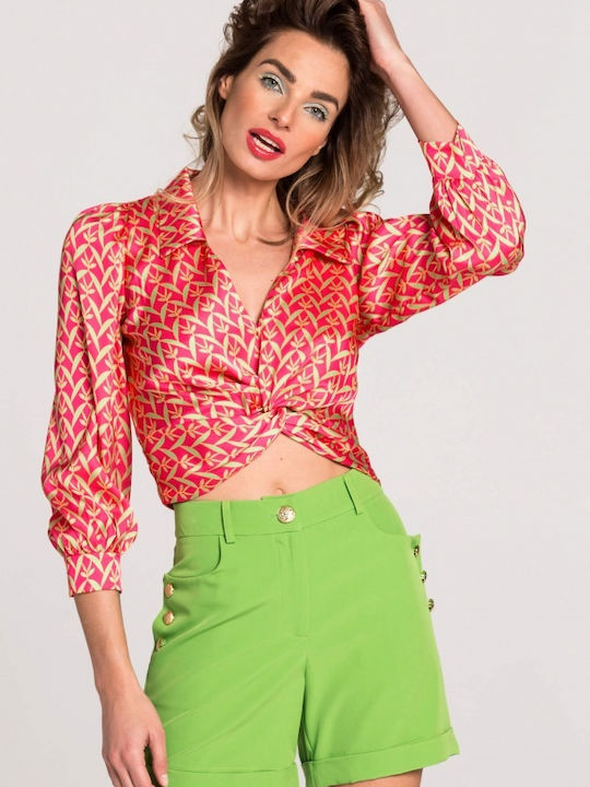 Matis Fashion pentru Femei Crop Top din Satin cu Mâneci Lungi Verde