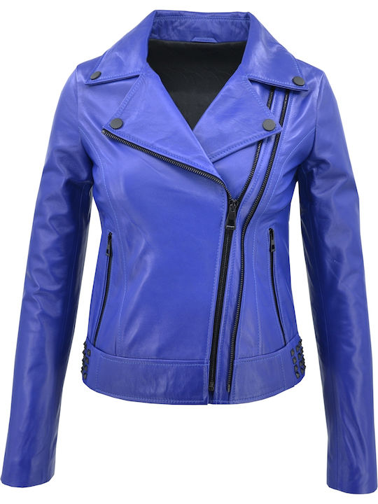 Δερμάτινα 100 Κωδικοσ Women's Short Biker Leather Jacket for Winter BLUE