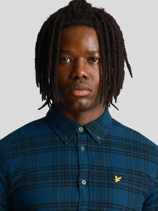 Lyle and Scott Ανδρικό Πουκάμισο Μακρυμάνικo Φανελένιο με Κανονική Γραμμή Καρό Μπλε