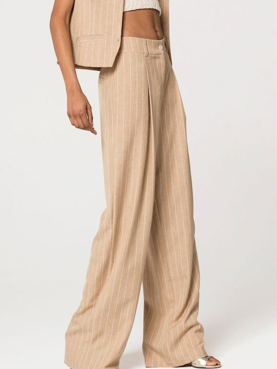 Damen Stoff Hose Gestreift Beige