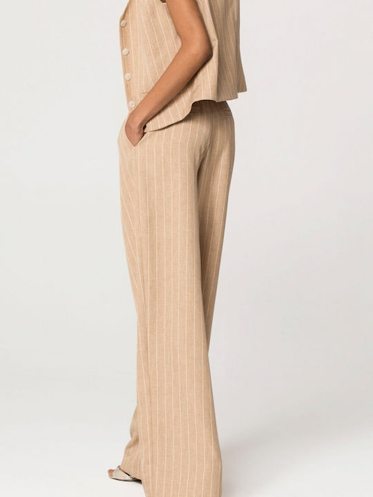 Damen Stoff Hose Gestreift Beige