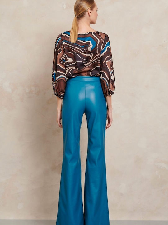 Damen Hoch tailliert Stoff Hose Schlag Blau