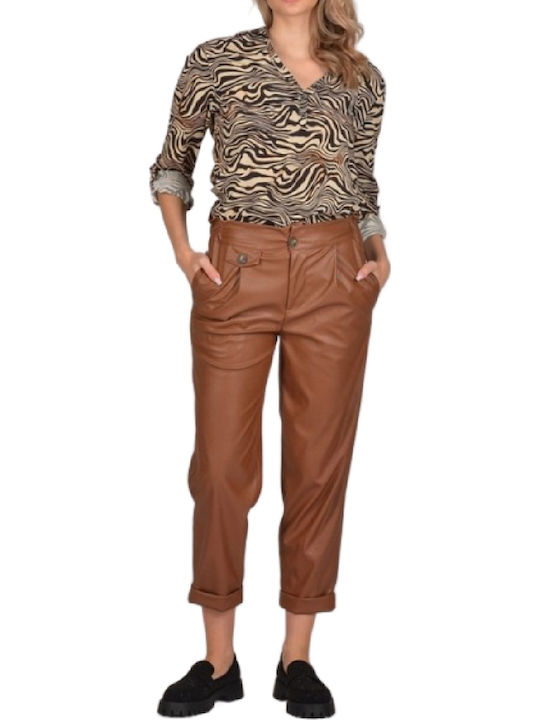 Damen Stoff Hose mit Gummizug Tabac Brown