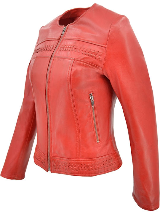 Δερμάτινα 100 Κωδικοσ Women's Short Lifestyle Leather Jacket for Winter RED