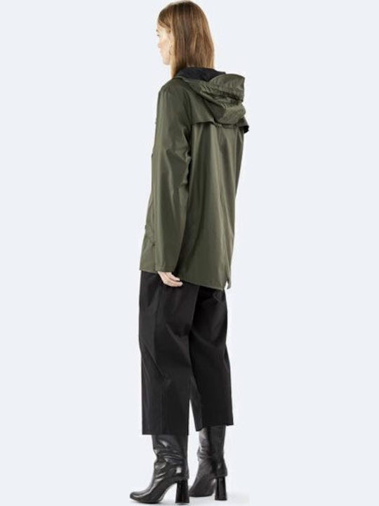 Women's Short Puffer Jacket Waterproof for Winter with Hood Green.