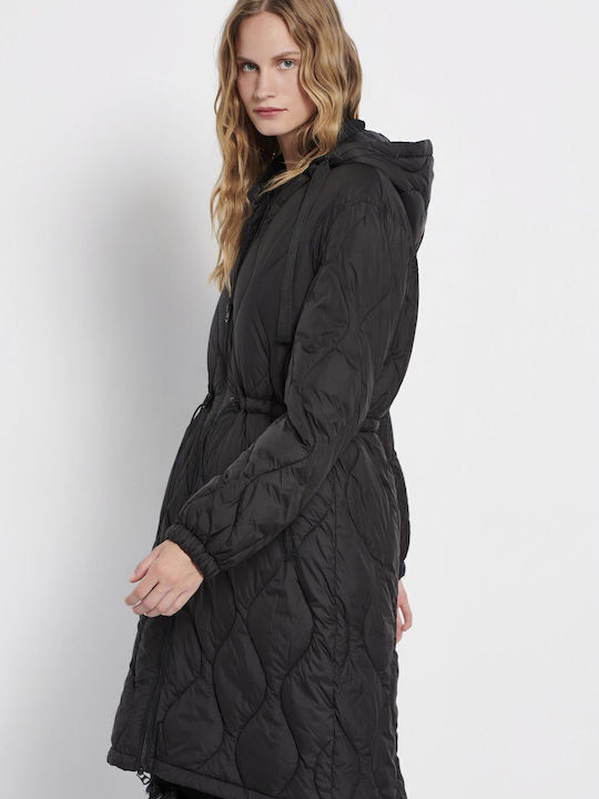 Women's Short Puffer Jacket for Winter with Detachable Hood Black