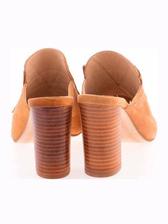 Leather Mules with Chunky High Heel in Tabac Brown Color