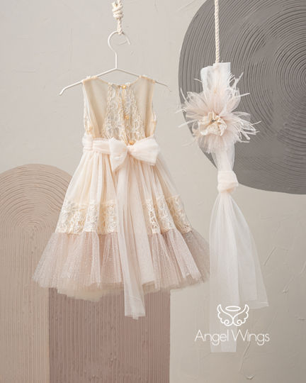 Angel Wings Beige Tulle Baptism Outfit with Hair Accessories & Dress