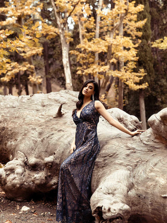 Summer Maxi Evening Dress Wrap with Lace Blue