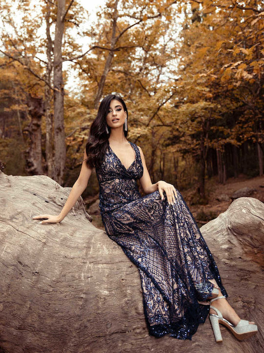 Summer Maxi Evening Dress Wrap with Lace Blue