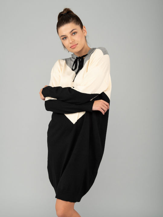 E-shopping Avenue Στυλ Midi Athletic Dress Long Sleeve with Hood BEIGE-GRAY-BLACK