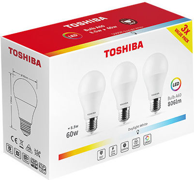 Toshiba Λάμπες LED 8.5W για Ντουί E27 και Σχήμα A60 Φυσικό Λευκό 806lm 3τμχ
