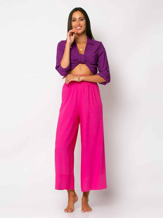 Damen Hoch tailliert Stoff Hose mit Gummizug Fuchsia