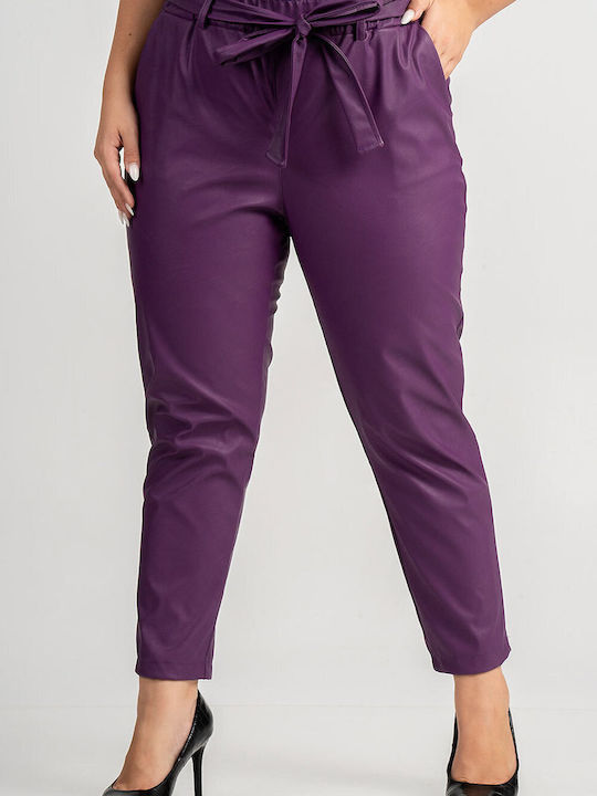 Lovesize Women's High-waisted Leather Trousers with Elastic Purple