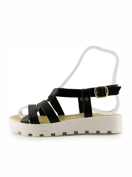 Leather Women's Flat Sandals in Black Color