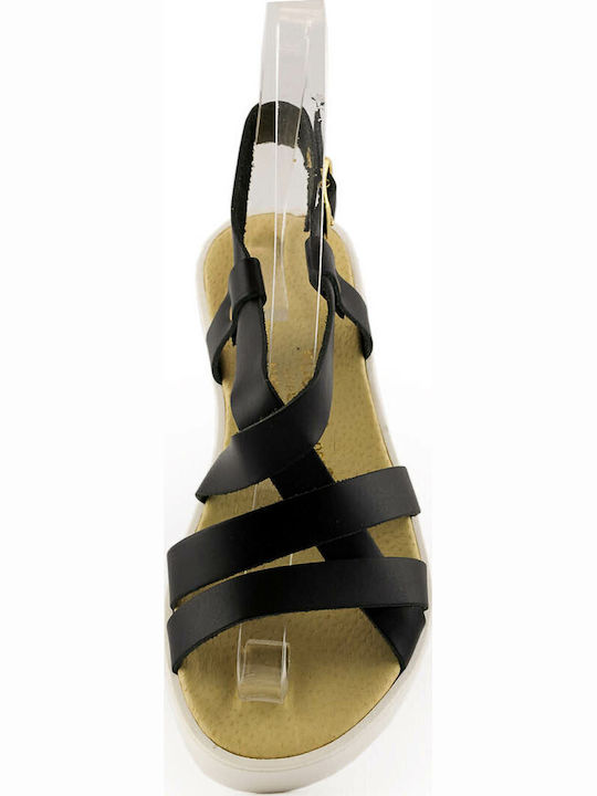 Leather Women's Flat Sandals in Black Color