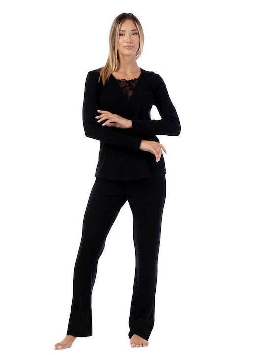 Secret Point Winter Damen Pyjama-Set Baumwolle Schwarz